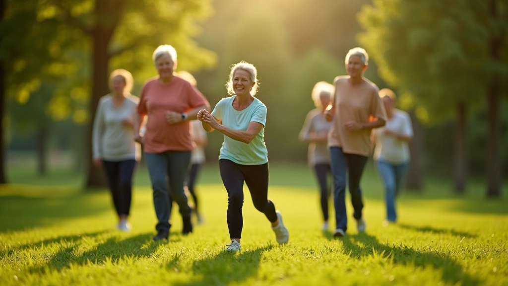 Grupa senioru veic vingrojumus kopā parkā, smaidoši, sociāli un draudzīgi apstākļi