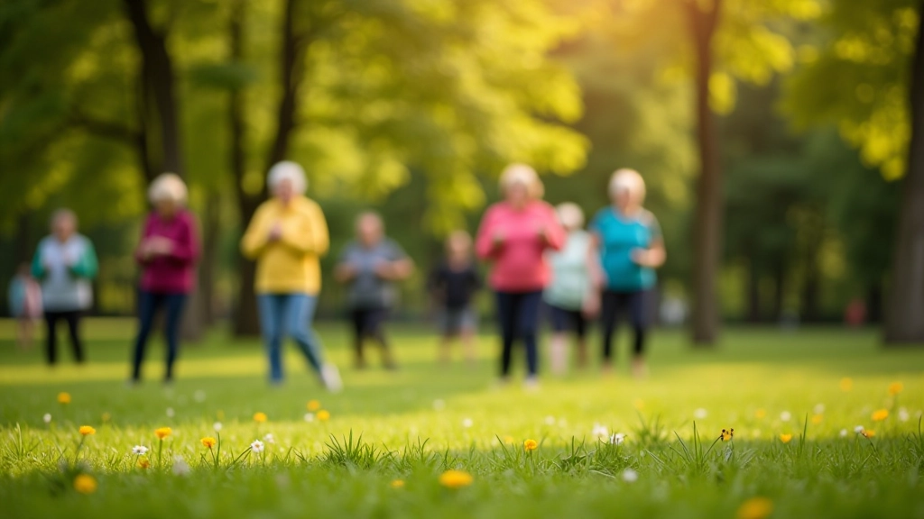Grupa senioru vingro kopā parkā, smīļojošas sejas