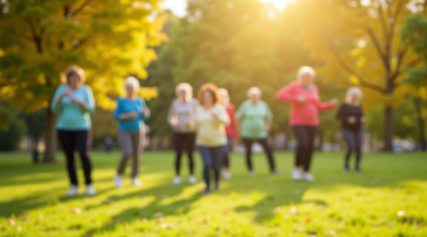 Grupa senioru vingrojošies parkā kopā, draudzīga atmosfēra, sauļains laiks